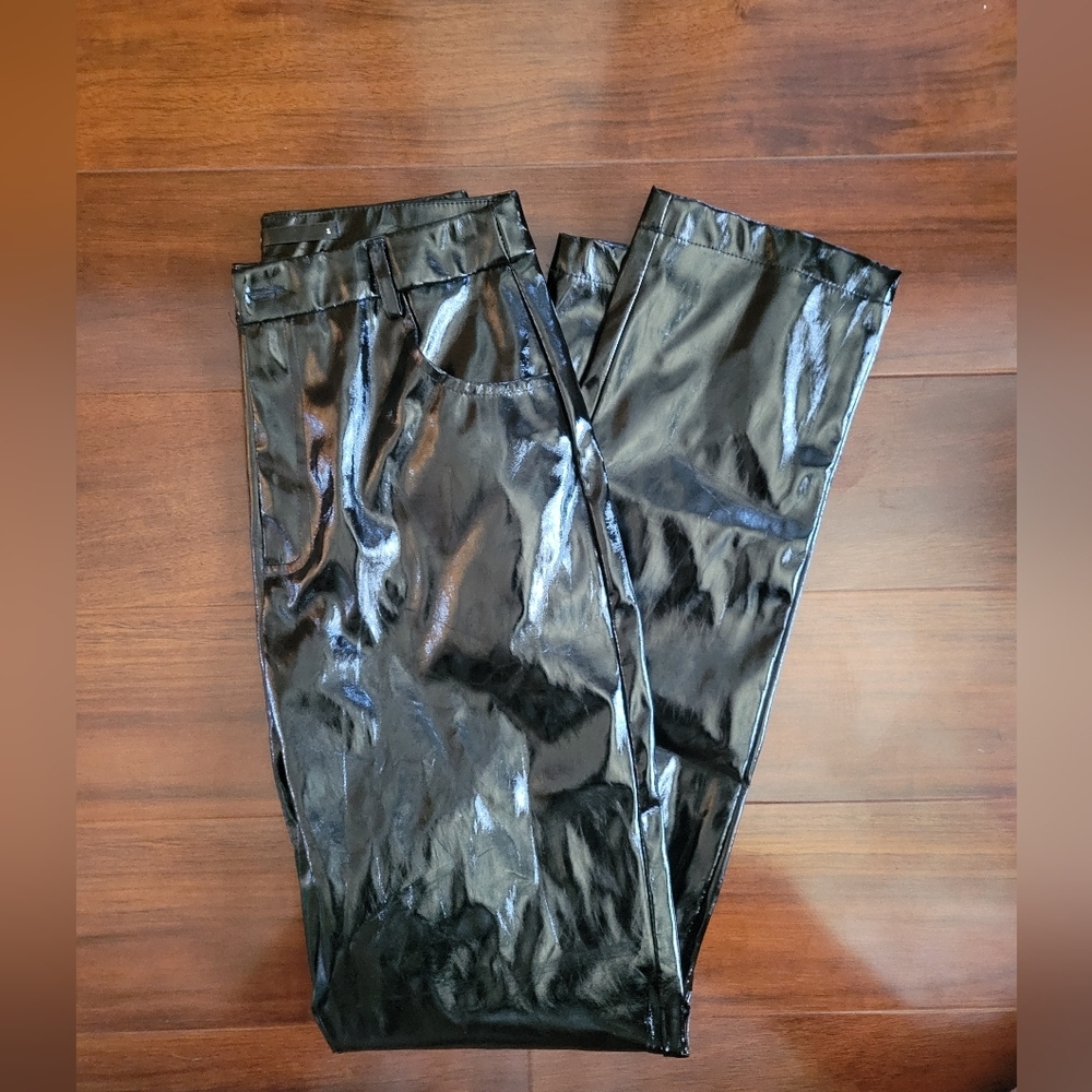 Salty Black Patent Vinyl Pants Size S Glossy Faux Leather Straight Leg - Picture 4 of 5